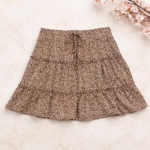 Women’s Brown Printed Tiered Mini Skirt – Drawstring Waist – Boho Style